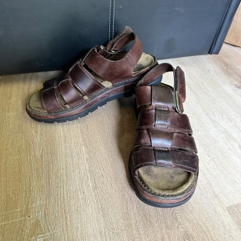 Timberland Mens Brown Leather Fisherman Sandals 8.5M 65042 Cage Strappy Buckle